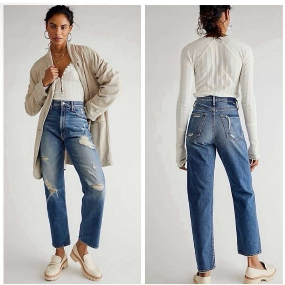 MOTHER Straight Leg Distressed Blue Jeans